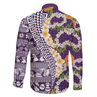 Hawaiian Plumeria Lei Family Matching Long Sleeve Bodycon Dress and Hawaiian Shirt Kakau Motifs and Palaka Half Style Purple Color - Polynesian Pride