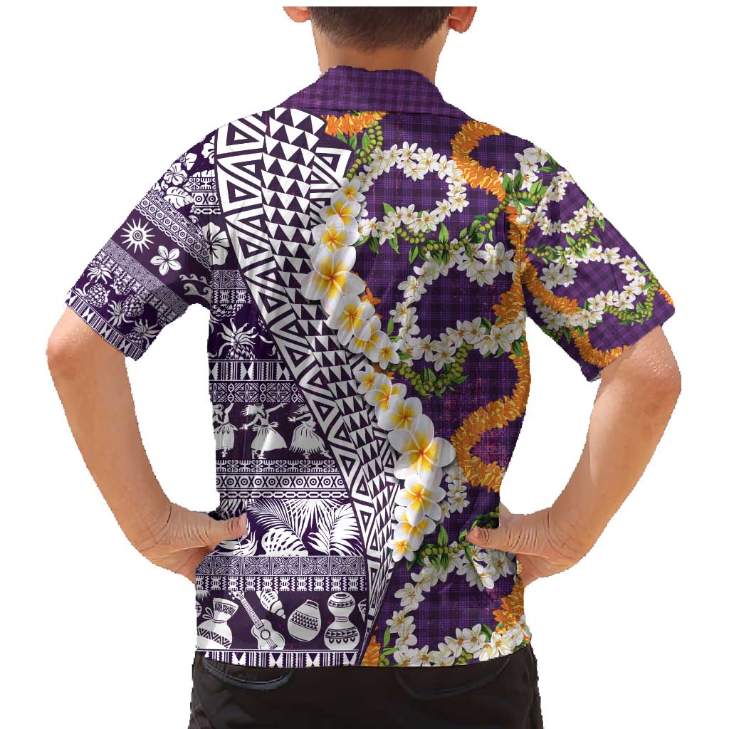 Hawaiian Plumeria Lei Family Matching Mermaid Dress and Hawaiian Shirt Kakau Motifs and Palaka Half Style Purple Color - Polynesian Pride