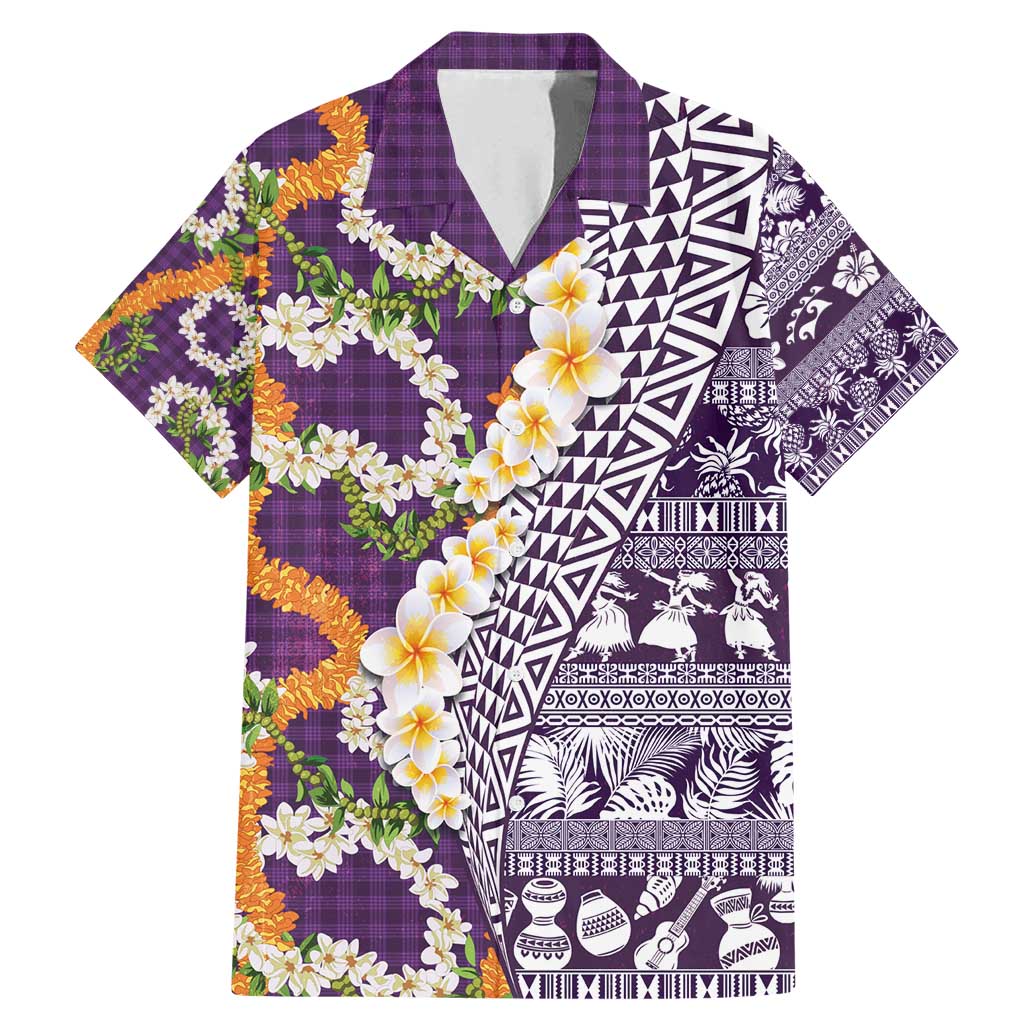 Hawaiian Plumeria Lei Family Matching Mermaid Dress and Hawaiian Shirt Kakau Motifs and Palaka Half Style Purple Color - Polynesian Pride