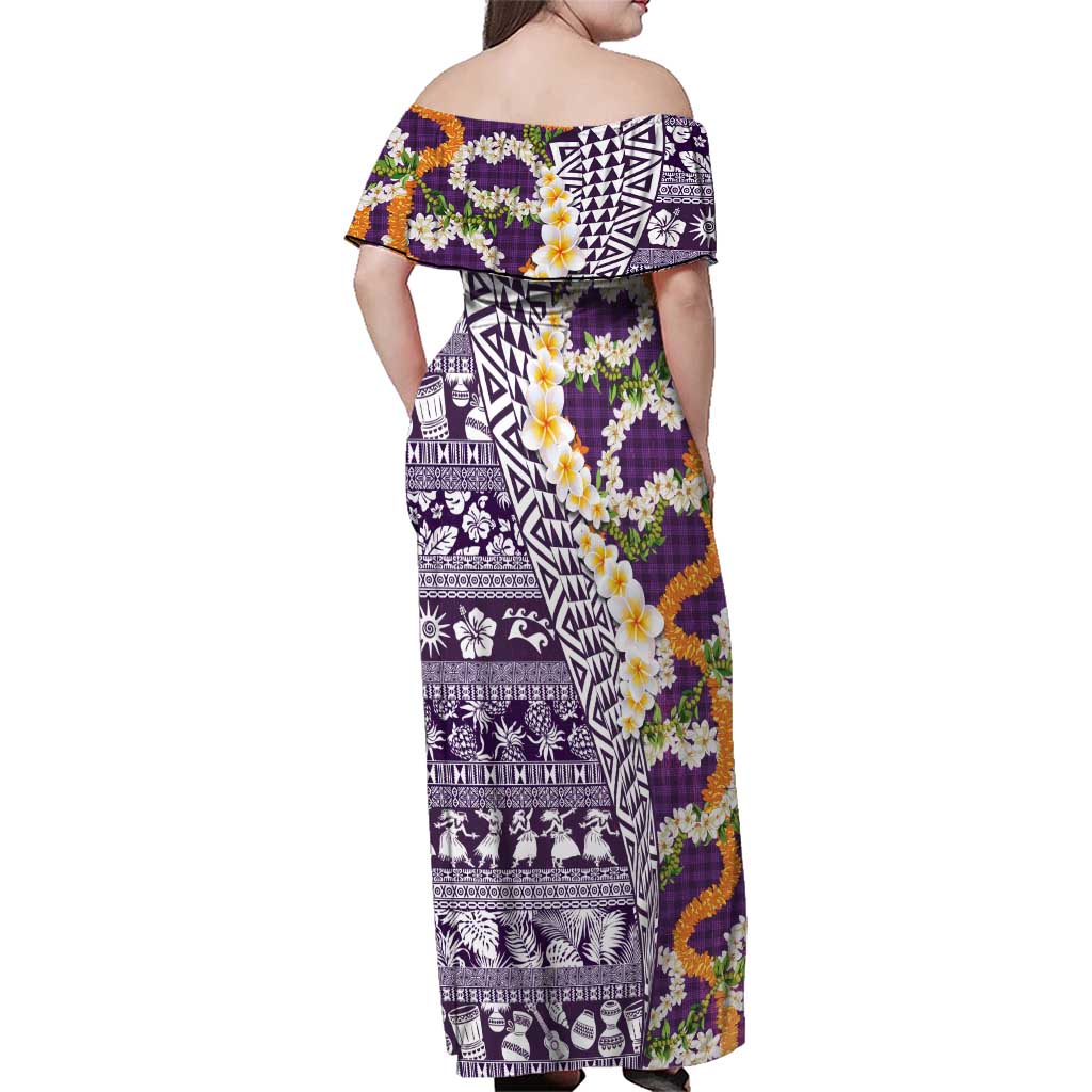 Hawaiian Plumeria Lei Family Matching Off Shoulder Maxi Dress and Hawaiian Shirt Kakau Motifs and Palaka Half Style Purple Color - Polynesian Pride