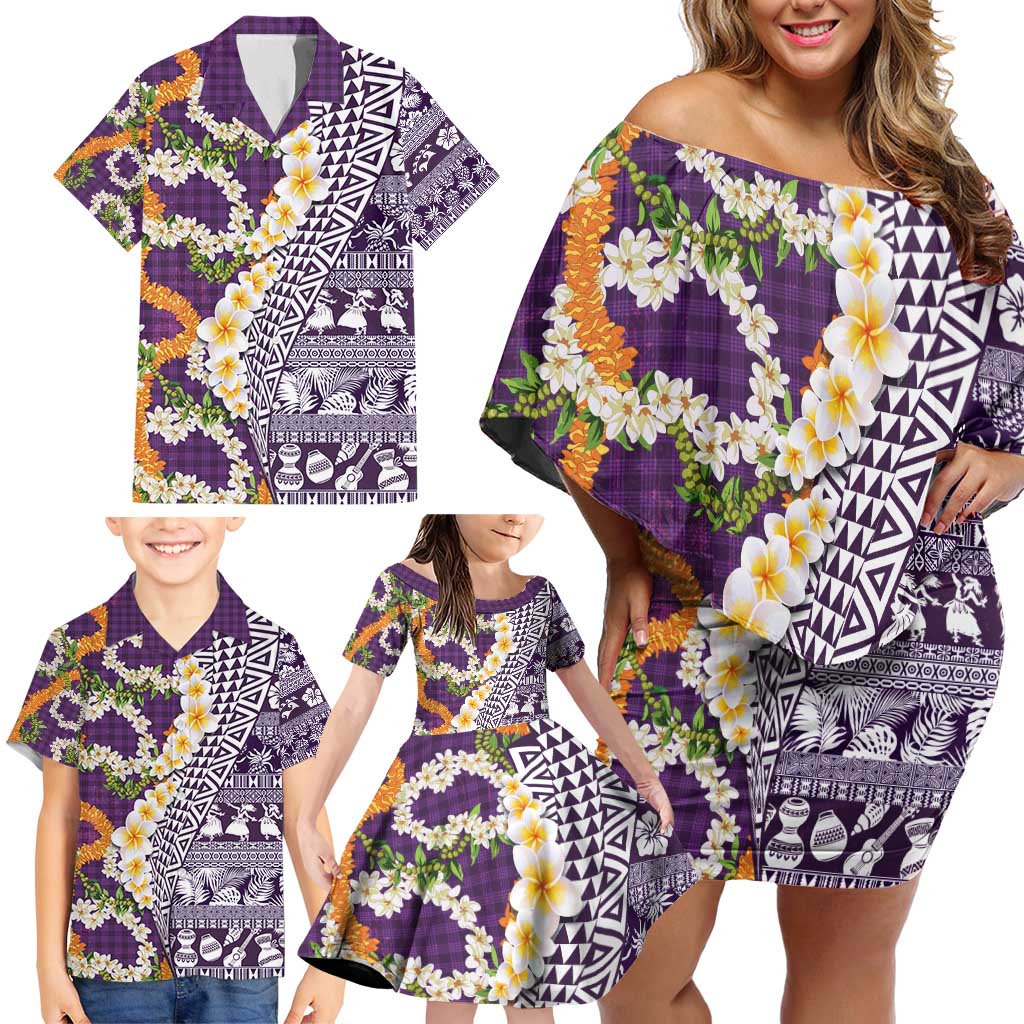 Hawaiian Plumeria Lei Family Matching Off Shoulder Short Dress and Hawaiian Shirt Kakau Motifs and Palaka Half Style Purple Color - Polynesian Pride