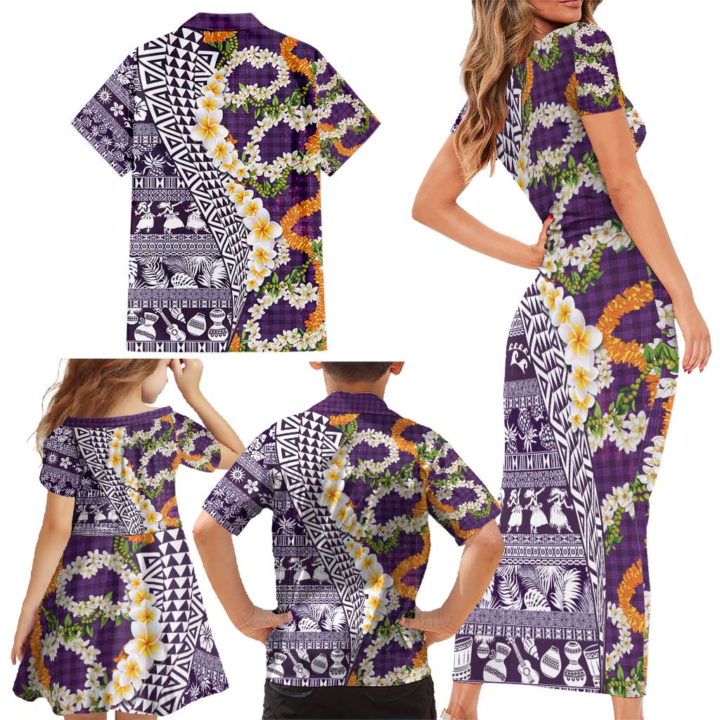 Hawaiian Plumeria Lei Family Matching Short Sleeve Bodycon Dress and Hawaiian Shirt Kakau Motifs and Palaka Half Style Purple Color - Polynesian Pride