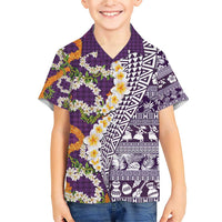 Hawaiian Plumeria Lei Family Matching Short Sleeve Bodycon Dress and Hawaiian Shirt Kakau Motifs and Palaka Half Style Purple Color - Polynesian Pride