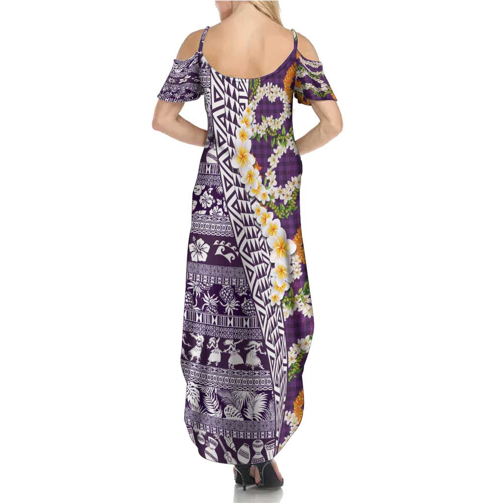 Hawaiian Plumeria Lei Family Matching Summer Maxi Dress and Hawaiian Shirt Kakau Motifs and Palaka Half Style Purple Color - Polynesian Pride
