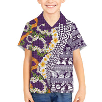 Hawaiian Plumeria Lei Family Matching Summer Maxi Dress and Hawaiian Shirt Kakau Motifs and Palaka Half Style Purple Color - Polynesian Pride