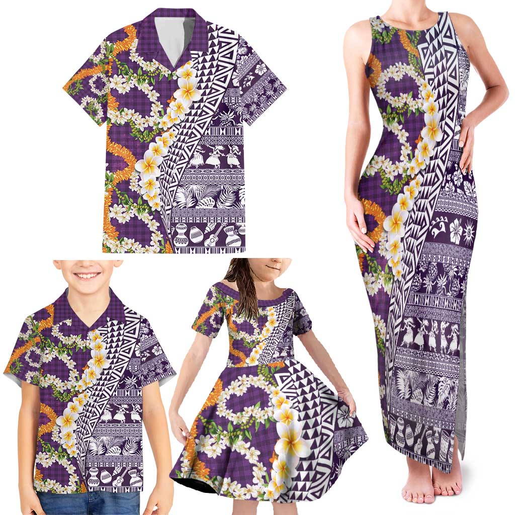 Hawaiian Plumeria Lei Family Matching Tank Maxi Dress and Hawaiian Shirt Kakau Motifs and Palaka Half Style Purple Color - Polynesian Pride