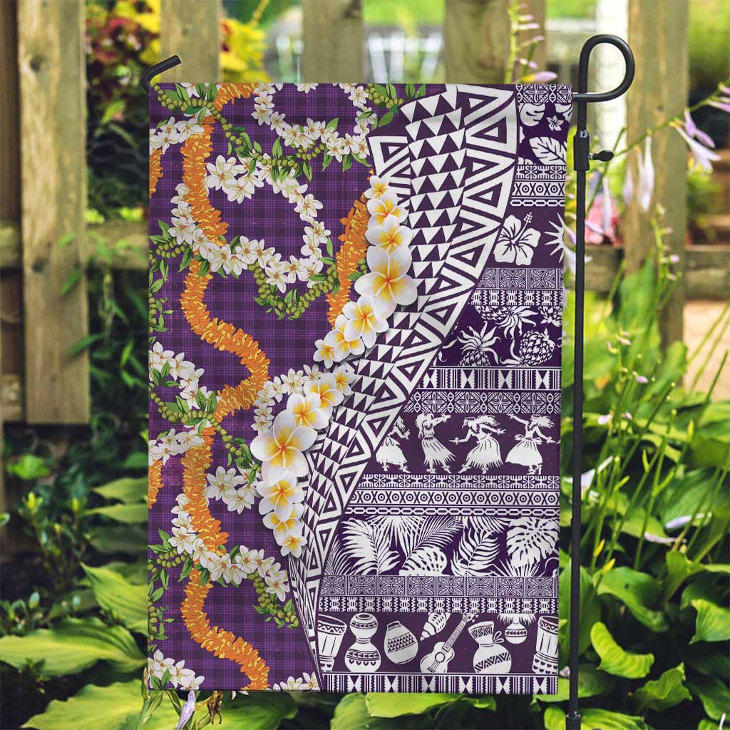Hawaiian Plumeria Lei Garden Flag Kakau Motifs and Palaka Half Style Purple Color - Polynesian Pride