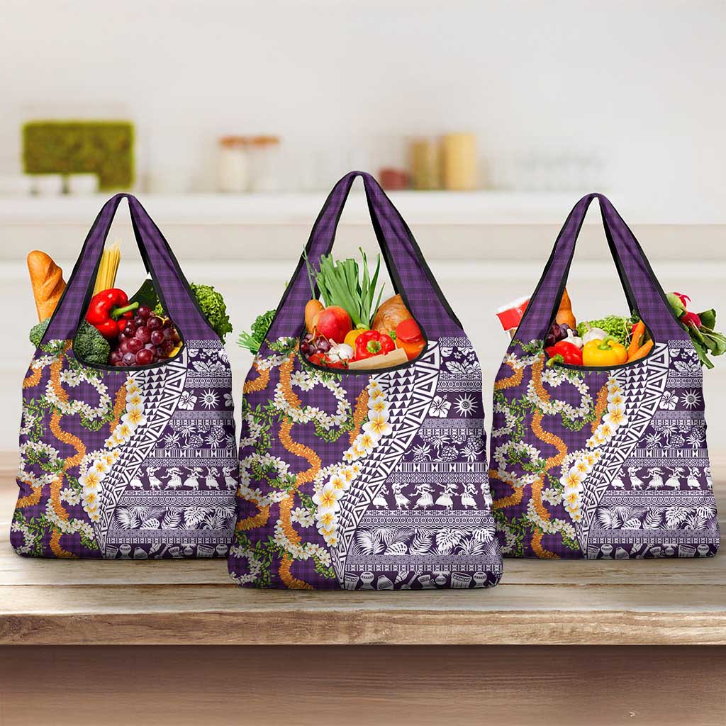 Hawaiian Plumeria Lei Grocery Bag Kakau Motifs and Palaka Half Style Purple Color - Polynesian Pride