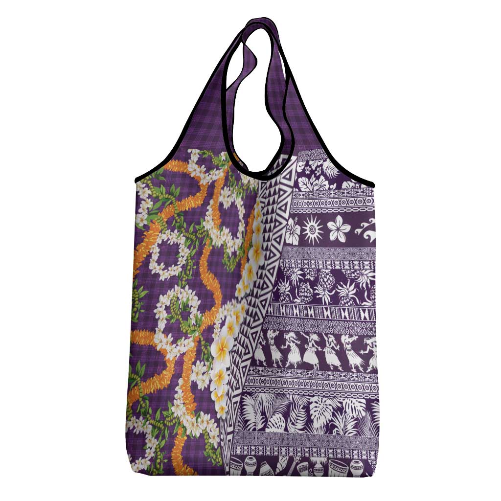 Hawaiian Plumeria Lei Grocery Bag Kakau Motifs and Palaka Half Style Purple Color - Polynesian Pride