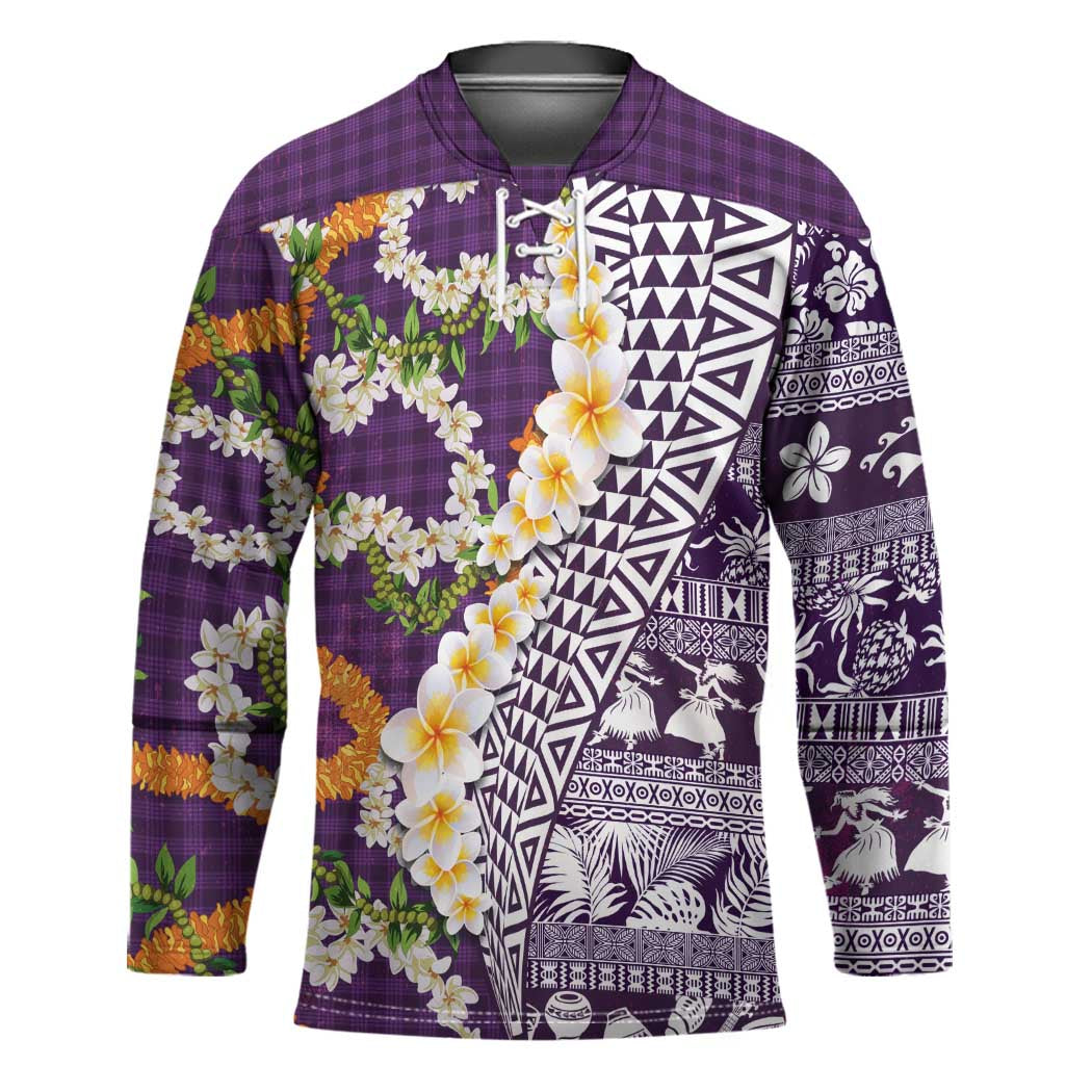 Hawaiian Plumeria Lei Hockey Jersey Kakau Motifs and Palaka Half Style Purple Color - Polynesian Pride