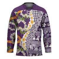 Hawaiian Plumeria Lei Hockey Jersey Kakau Motifs and Palaka Half Style Purple Color - Polynesian Pride
