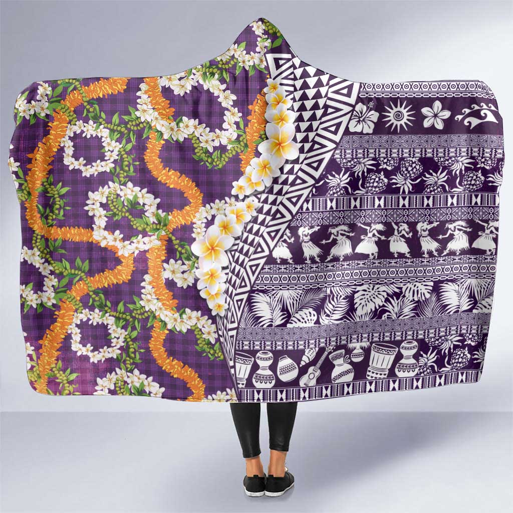 Hawaiian Plumeria Lei Hooded Blanket Kakau Motifs and Palaka Half Style Purple Color - Polynesian Pride