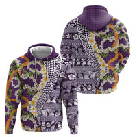 Hawaiian Plumeria Lei Hoodie Kakau Motifs and Palaka Half Style Purple Color - Polynesian Pride