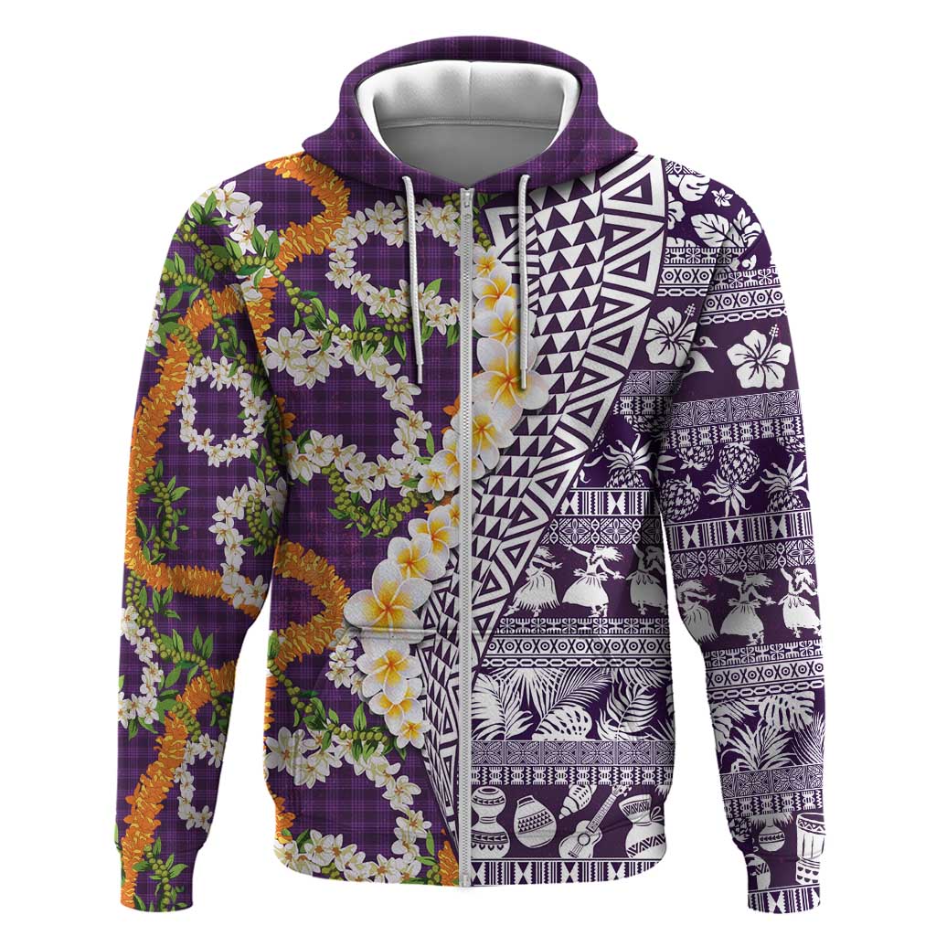 Hawaiian Plumeria Lei Hoodie Kakau Motifs and Palaka Half Style Purple Color - Polynesian Pride