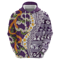 Hawaiian Plumeria Lei Hoodie Kakau Motifs and Palaka Half Style Purple Color - Polynesian Pride