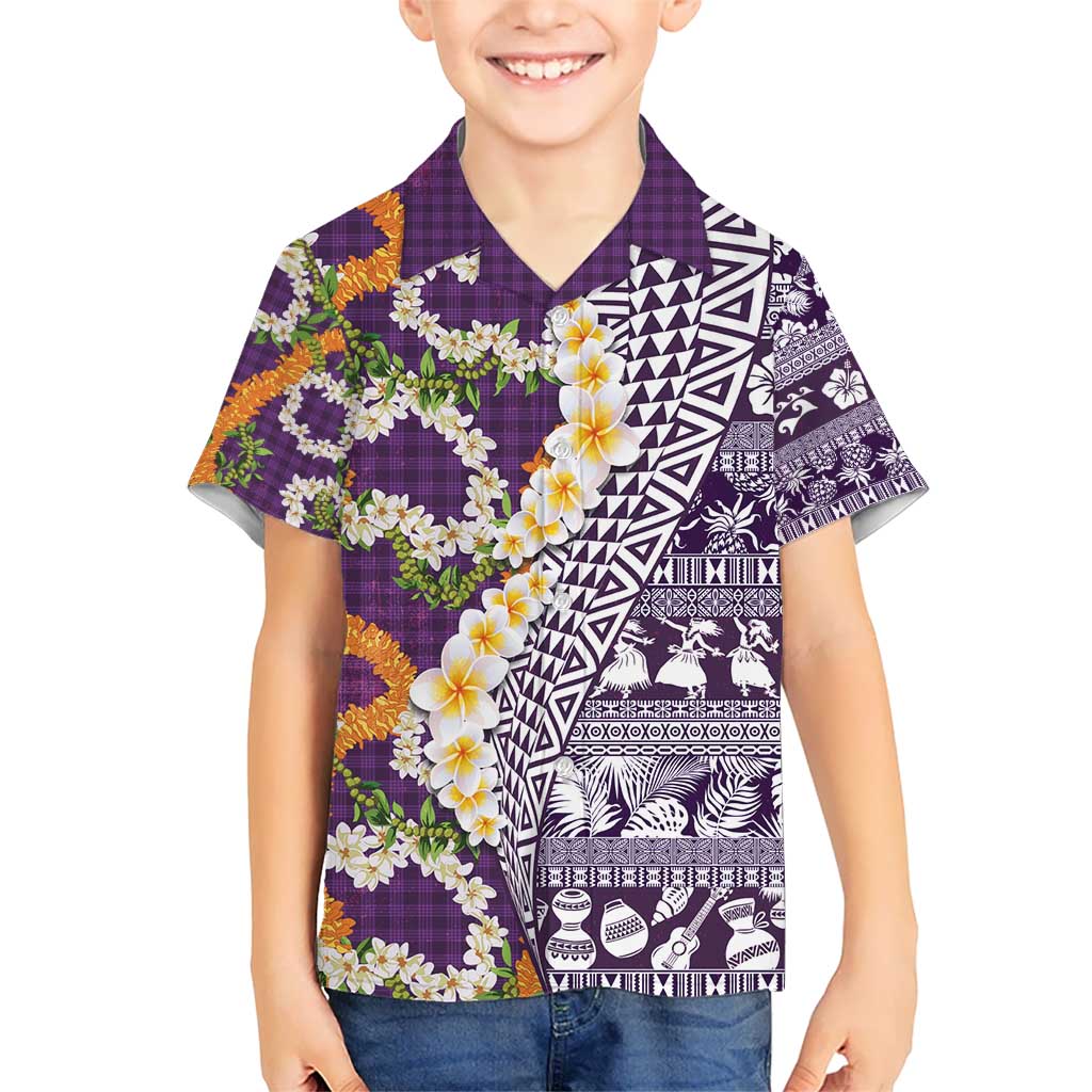 Hawaiian Plumeria Lei Kid Hawaiian Shirt Kakau Motifs and Palaka Half Style Purple Color - Polynesian Pride