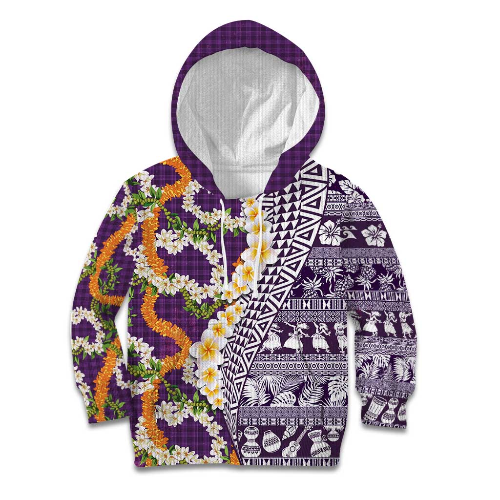 Hawaiian Plumeria Lei Kid Hoodie Kakau Motifs and Palaka Half Style Purple Color - Polynesian Pride