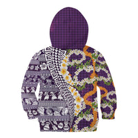 Hawaiian Plumeria Lei Kid Hoodie Kakau Motifs and Palaka Half Style Purple Color - Polynesian Pride
