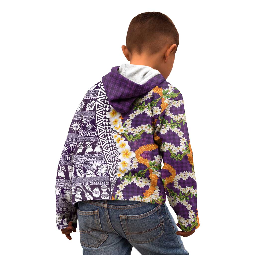 Hawaiian Plumeria Lei Kid Hoodie Kakau Motifs and Palaka Half Style Purple Color - Polynesian Pride