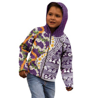 Hawaiian Plumeria Lei Kid Hoodie Kakau Motifs and Palaka Half Style Purple Color - Polynesian Pride
