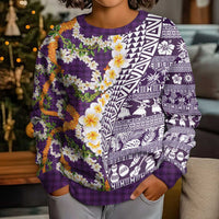 Hawaiian Plumeria Lei Kid Ugly Christmas Sweater Kakau Motifs and Palaka Half Style Purple Color - Polynesian Pride