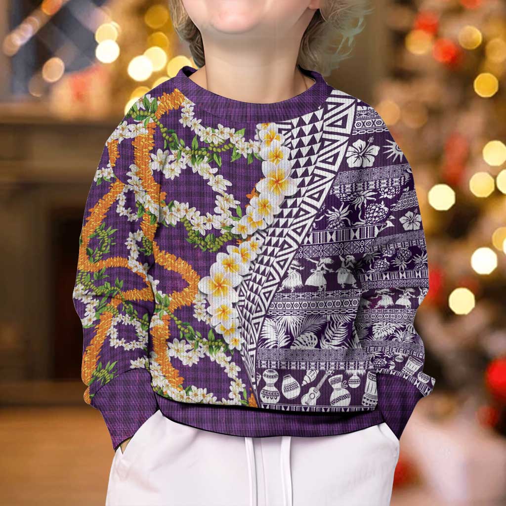 Hawaiian Plumeria Lei Kid Ugly Christmas Sweater Kakau Motifs and Palaka Half Style Purple Color - Polynesian Pride