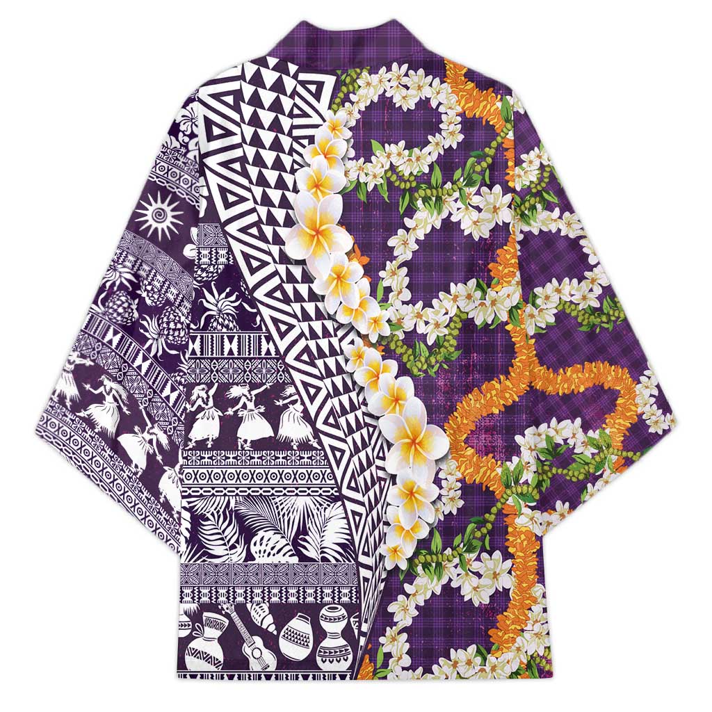 Hawaiian Plumeria Lei Kimono Kakau Motifs and Palaka Half Style Purple Color - Polynesian Pride