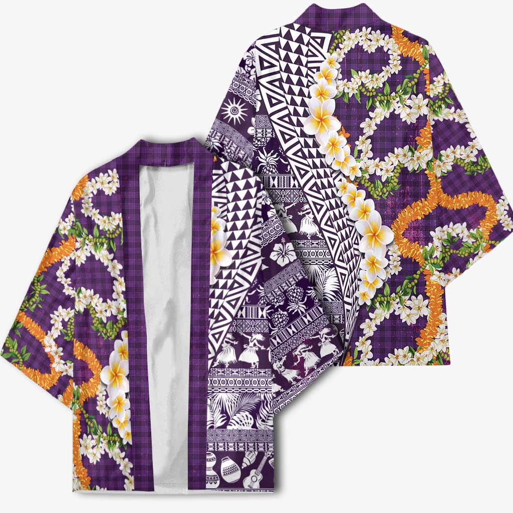 Hawaiian Plumeria Lei Kimono Kakau Motifs and Palaka Half Style Purple Color - Polynesian Pride