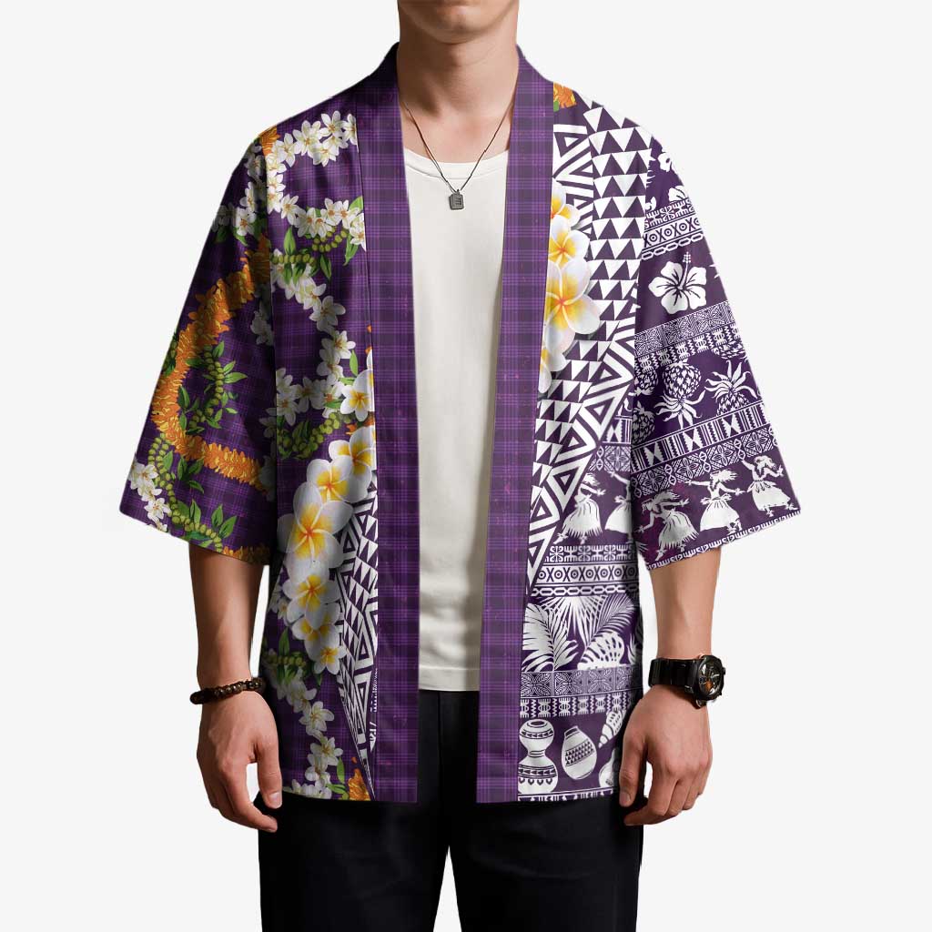 Hawaiian Plumeria Lei Kimono Kakau Motifs and Palaka Half Style Purple Color - Polynesian Pride