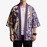 Hawaiian Plumeria Lei Kimono Kakau Motifs and Palaka Half Style Purple Color - Polynesian Pride