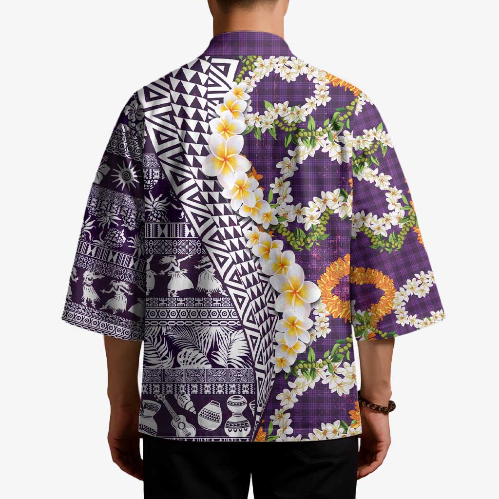 Hawaiian Plumeria Lei Kimono Kakau Motifs and Palaka Half Style Purple Color - Polynesian Pride