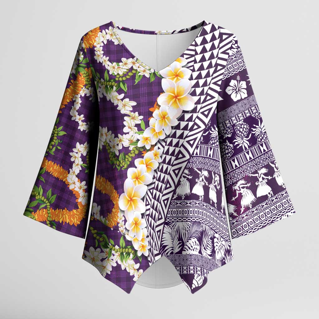Hawaiian Plumeria Lei Kimono Sleeve Blouse Kakau Motifs and Palaka Half Style Purple Color - Polynesian Pride