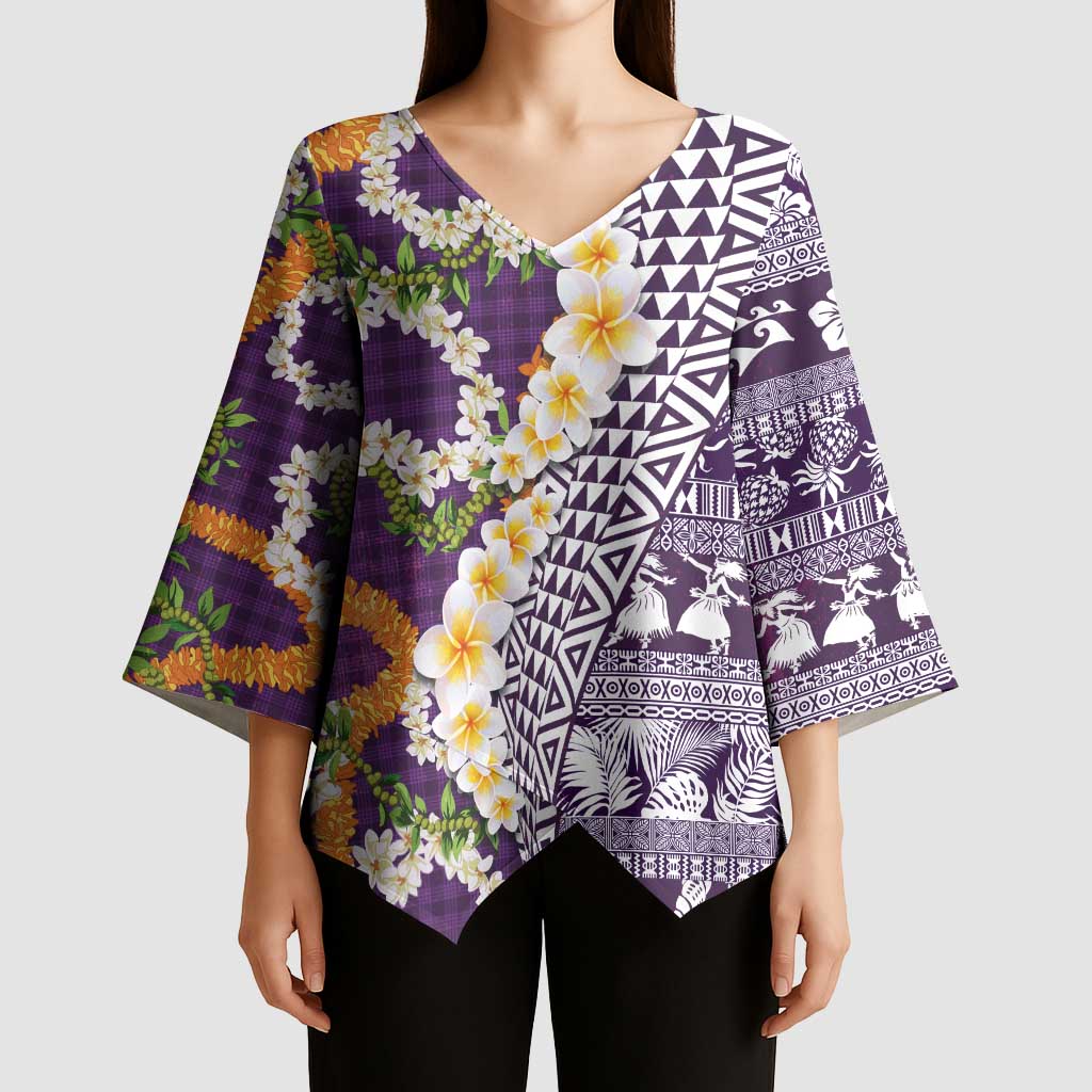 Hawaiian Plumeria Lei Kimono Sleeve Blouse Kakau Motifs and Palaka Half Style Purple Color - Polynesian Pride