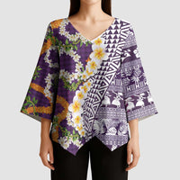 Hawaiian Plumeria Lei Kimono Sleeve Blouse Kakau Motifs and Palaka Half Style Purple Color - Polynesian Pride