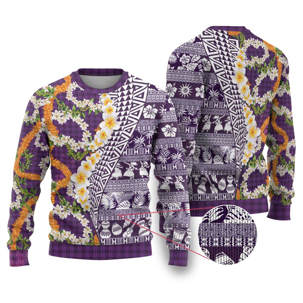 Hawaiian Plumeria Lei Ugly Christmas Sweater Kakau Motifs and Palaka Half Style Purple Color - Polynesian Pride
