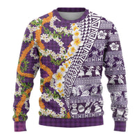 Hawaiian Plumeria Lei Ugly Christmas Sweater Kakau Motifs and Palaka Half Style Purple Color - Polynesian Pride
