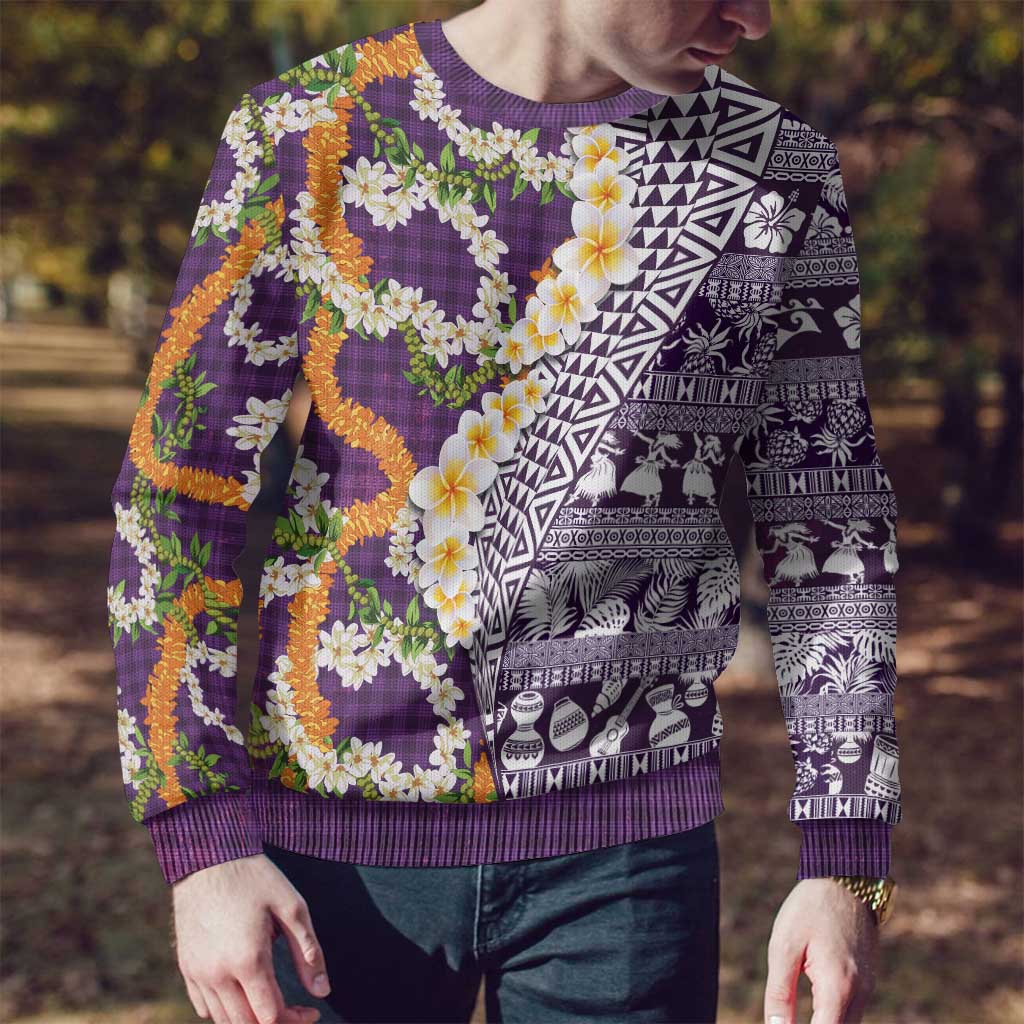 Hawaiian Plumeria Lei Ugly Christmas Sweater Kakau Motifs and Palaka Half Style Purple Color - Polynesian Pride