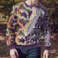 Hawaiian Plumeria Lei Ugly Christmas Sweater Kakau Motifs and Palaka Half Style Purple Color - Polynesian Pride