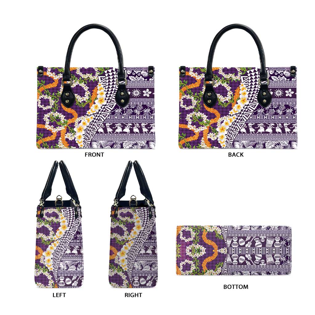 Hawaiian Plumeria Lei Leather Bag Kakau Motifs and Palaka Half Style Purple Color - Polynesian Pride