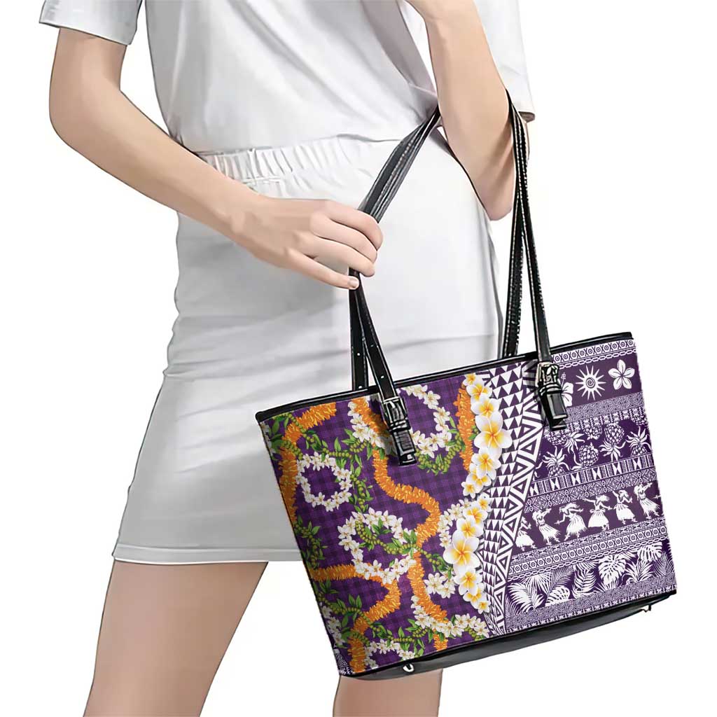 Hawaiian Plumeria Lei Leather Tote Bag Kakau Motifs and Palaka Half Style Purple Color - Polynesian Pride