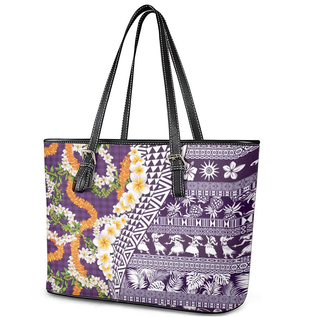 Hawaiian Plumeria Lei Leather Tote Bag Kakau Motifs and Palaka Half Style Purple Color - Polynesian Pride