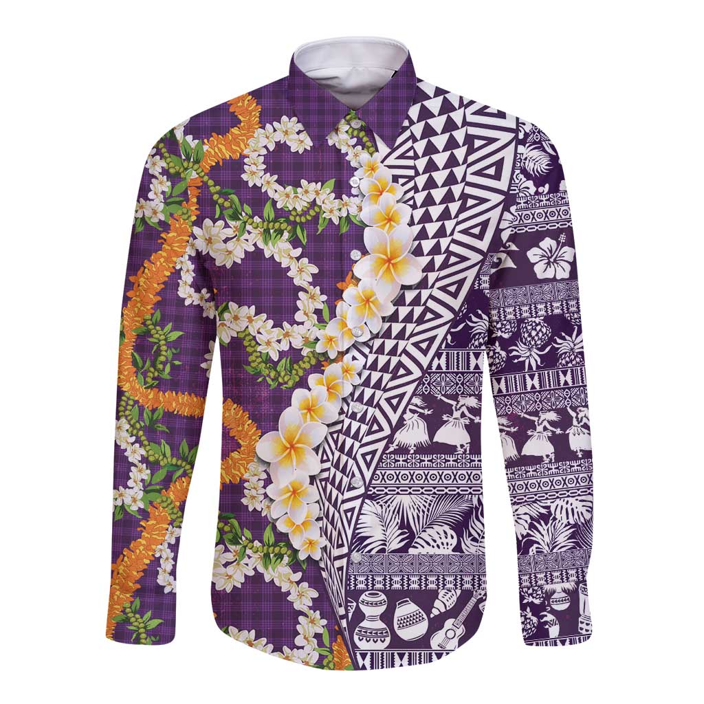 Hawaiian Plumeria Lei Long Sleeve Button Shirt Kakau Motifs and Palaka Half Style Purple Color - Polynesian Pride