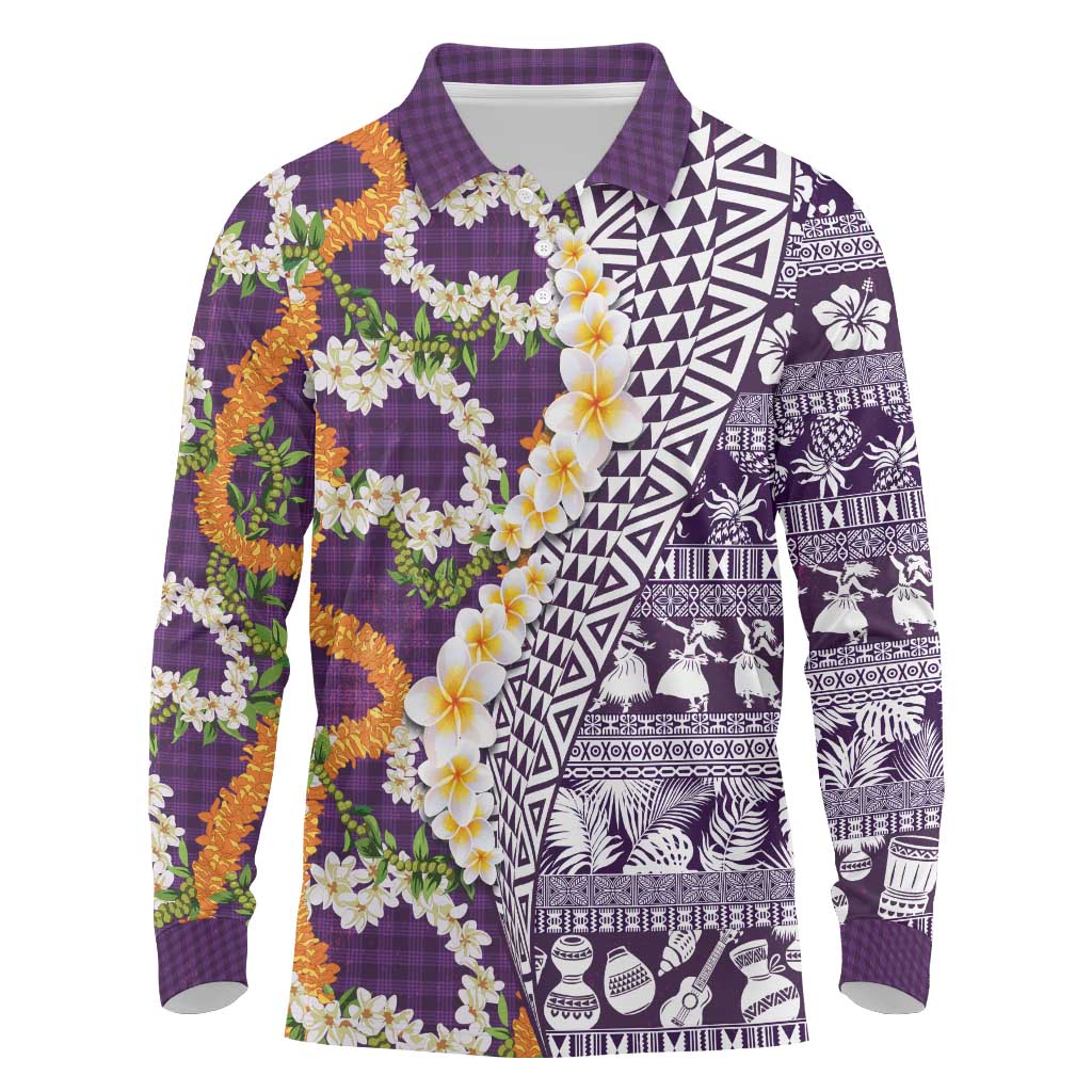 Hawaiian Plumeria Lei Long Sleeve Polo Shirt Kakau Motifs and Palaka Half Style Purple Color - Polynesian Pride