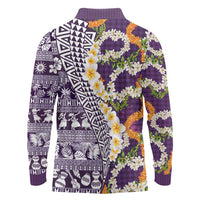 Hawaiian Plumeria Lei Long Sleeve Polo Shirt Kakau Motifs and Palaka Half Style Purple Color - Polynesian Pride