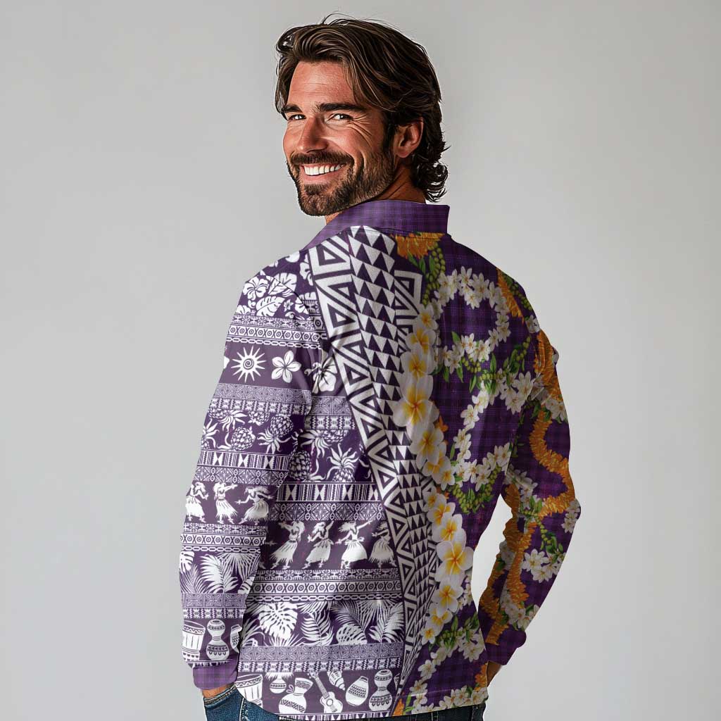 Hawaiian Plumeria Lei Long Sleeve Polo Shirt Kakau Motifs and Palaka Half Style Purple Color - Polynesian Pride