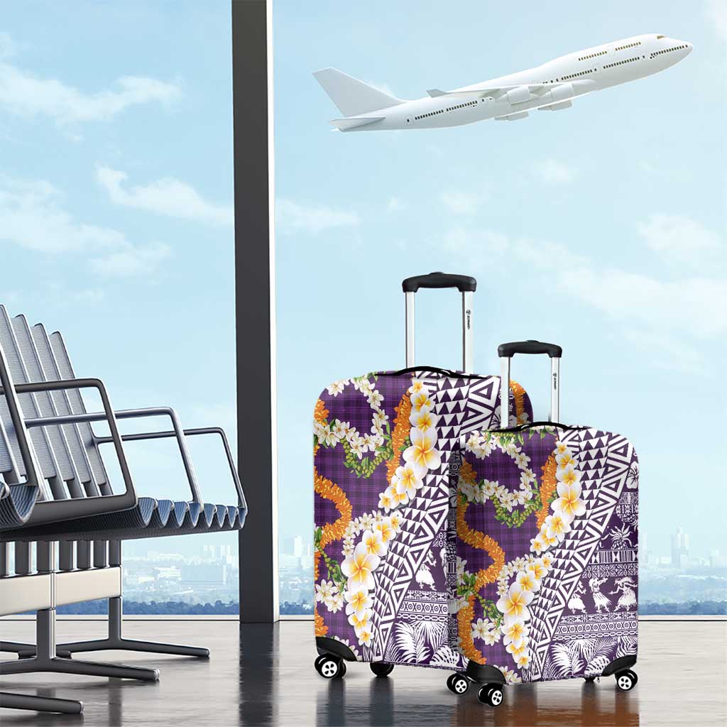 Hawaiian Plumeria Lei Luggage Cover Kakau Motifs and Palaka Half Style Purple Color - Polynesian Pride
