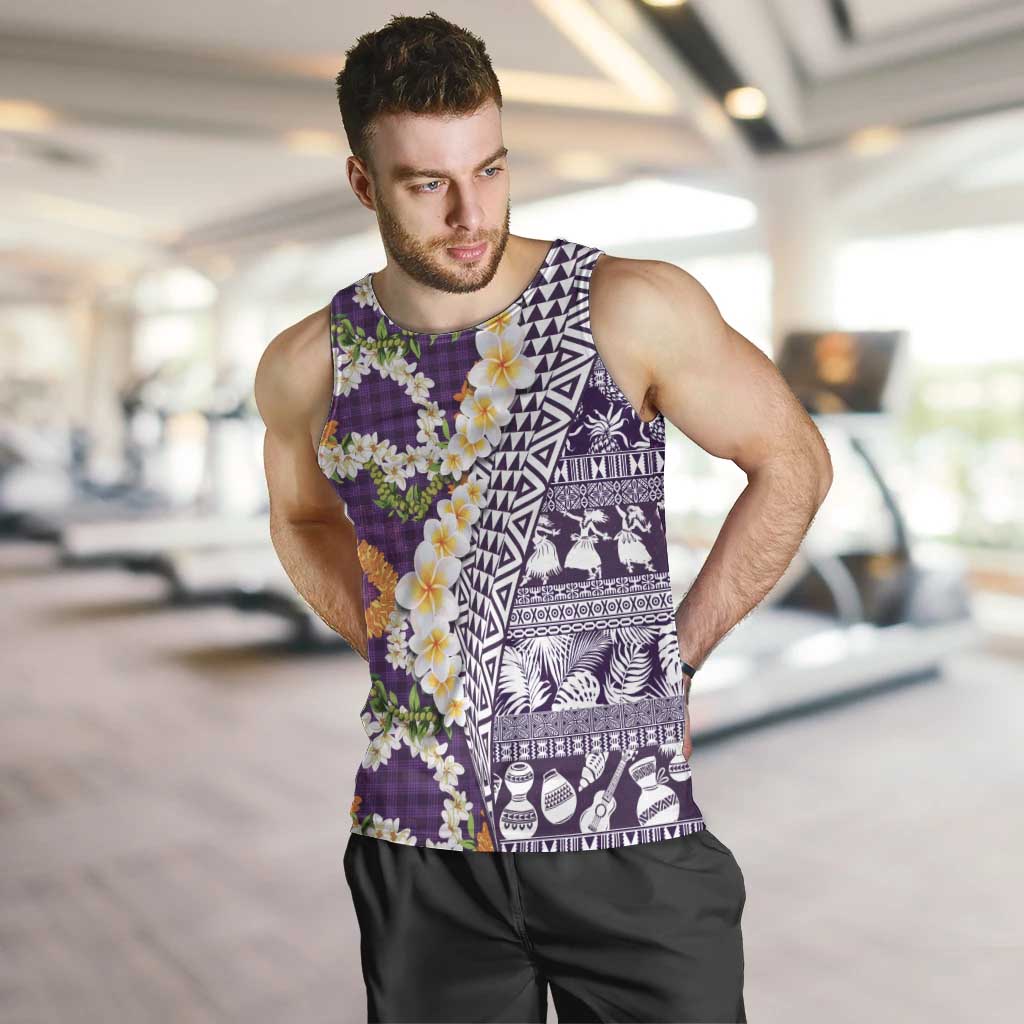 Hawaiian Plumeria Lei Men Tank Top Kakau Motifs and Palaka Half Style Purple Color - Polynesian Pride