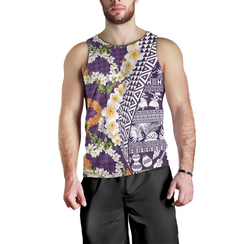 Hawaiian Plumeria Lei Men Tank Top Kakau Motifs and Palaka Half Style Purple Color - Polynesian Pride