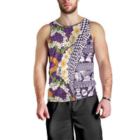 Hawaiian Plumeria Lei Men Tank Top Kakau Motifs and Palaka Half Style Purple Color - Polynesian Pride