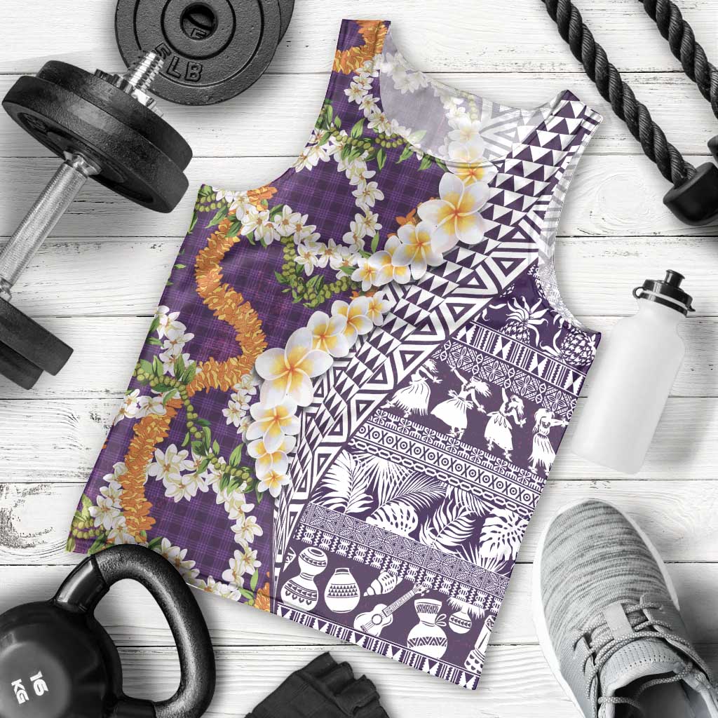 Hawaiian Plumeria Lei Men Tank Top Kakau Motifs and Palaka Half Style Purple Color - Polynesian Pride